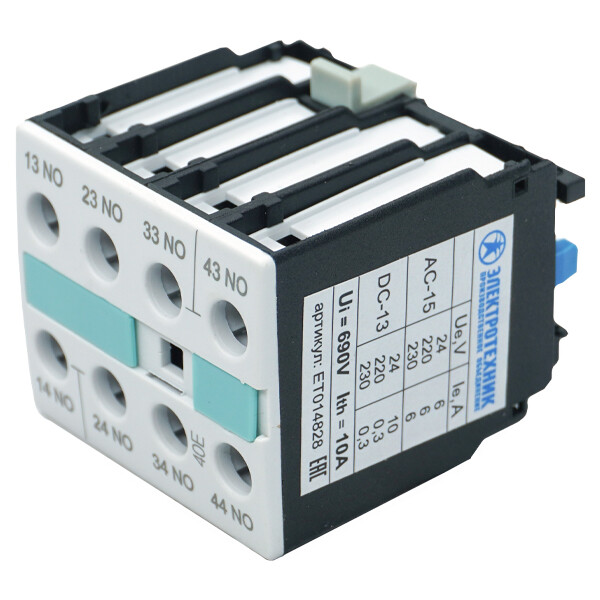 Электротехник 3RH1921-1FA40, 4НО, для контакторов типоразмеров S0…S12, фронтальный, винтовые клеммы, IP20, блок-контакт (ЭТ) (ET014828) превью в интернет-магазине электрики Форум Электро в Москве