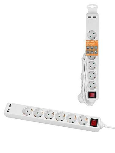 Картинка TDM Удлинитель бытовой У06В-USB 6 гнезд, 2USB 2,4А, 3 м, вык., з/к, ПВС 3х0,75мм2 10А/250В белый (SQ1303-0307) в интернет-магазине Форум Электро в Москве