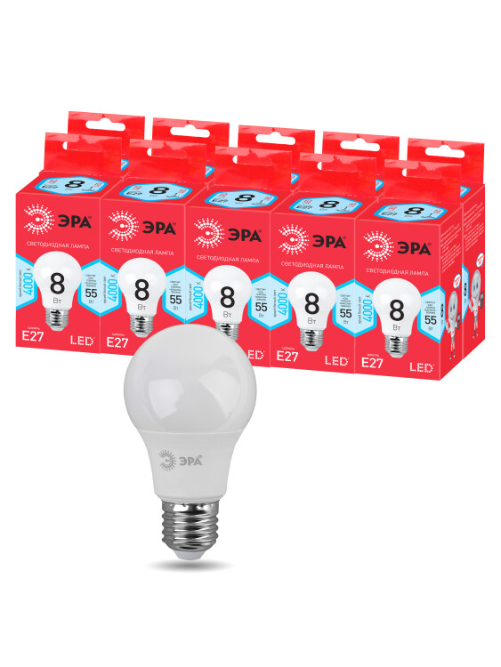 ЭРА Лампа светодиодная RED LINE ECO LED A55-8W-840-E27 8Вт груша нейтральный белый свет Е27