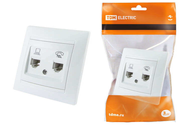 Картинка TDM Розетка телефонная RJ11 + компьютерная RJ45 белая "Лама" (SQ1815-0019) в интернет-магазине Форум Электро в Москве