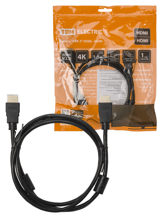 TDM Кабель "АВК 3" HDMI - HDMI, v2.0, позолоченные контакты, с ферритами, 1,5 метра (SQ4040-0003) превью в интернет-магазине электрики Форум Электро в Москве