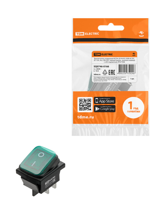 Картинка TDM KCD4-201N/HS 250В AC/DC, 2P, 15А, (4с), ON-OFF, черный корпус, зеленая клавиша, LED, IP54 (SQ0746-0166) в интернет-магазине Форум Электро в Москве