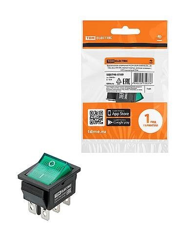Картинка TDM KCD4-202N 250В AC/DC, 2P, 15А, (6с), ON-ON, черный корпус, зеленая клавиша, LED (SQ0746-0169) в интернет-магазине Форум Электро в Москве