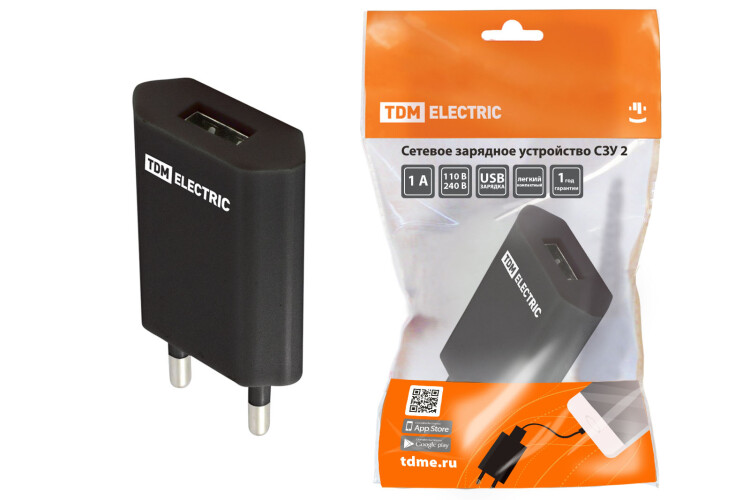 TDM Сетевое зарядное устройство, СЗУ 2, 1 А, 1 USB, черный, (SQ1810-0002) превью в интернет-магазине электрики Форум Электро в Москве