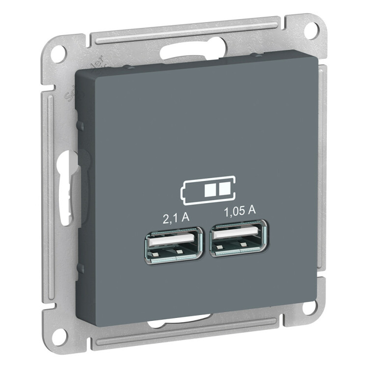 Картинка Systeme Electric AtlasDesign Грифель USB, 5В, 1 порт x 2,1 А, 2 порта х 1,05 А, механизм (ATN000733) в интернет-магазине Форум Электро в Москве